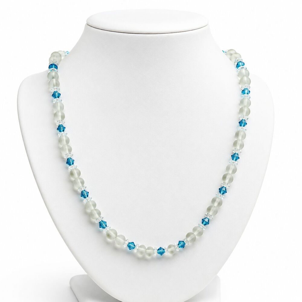 Vintage Frosted Sea Glass Aqua Blue Bicone Crystal Rondelle Bead Collar Necklace